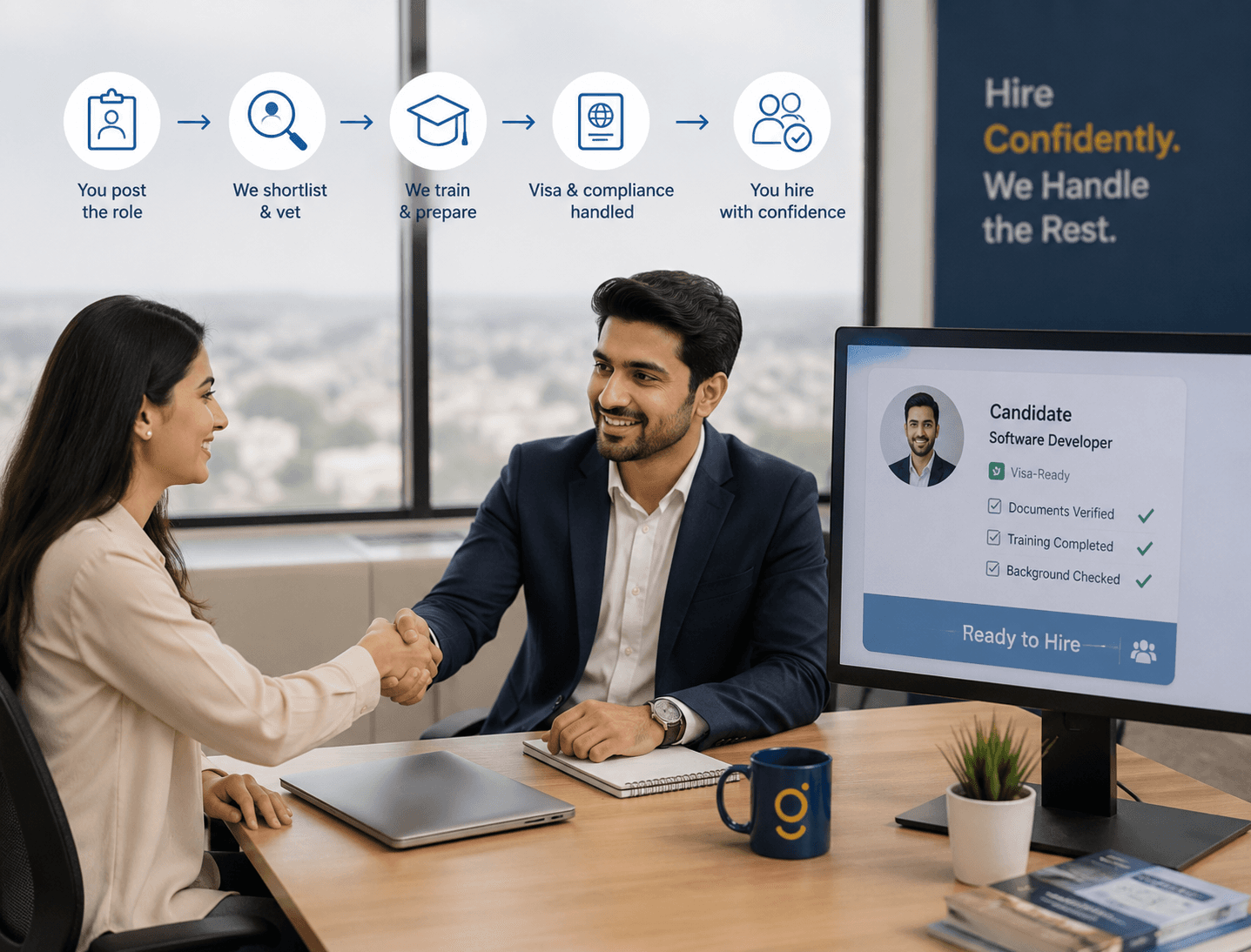 An employer shaking hands with a vetted, visa-ready candidate