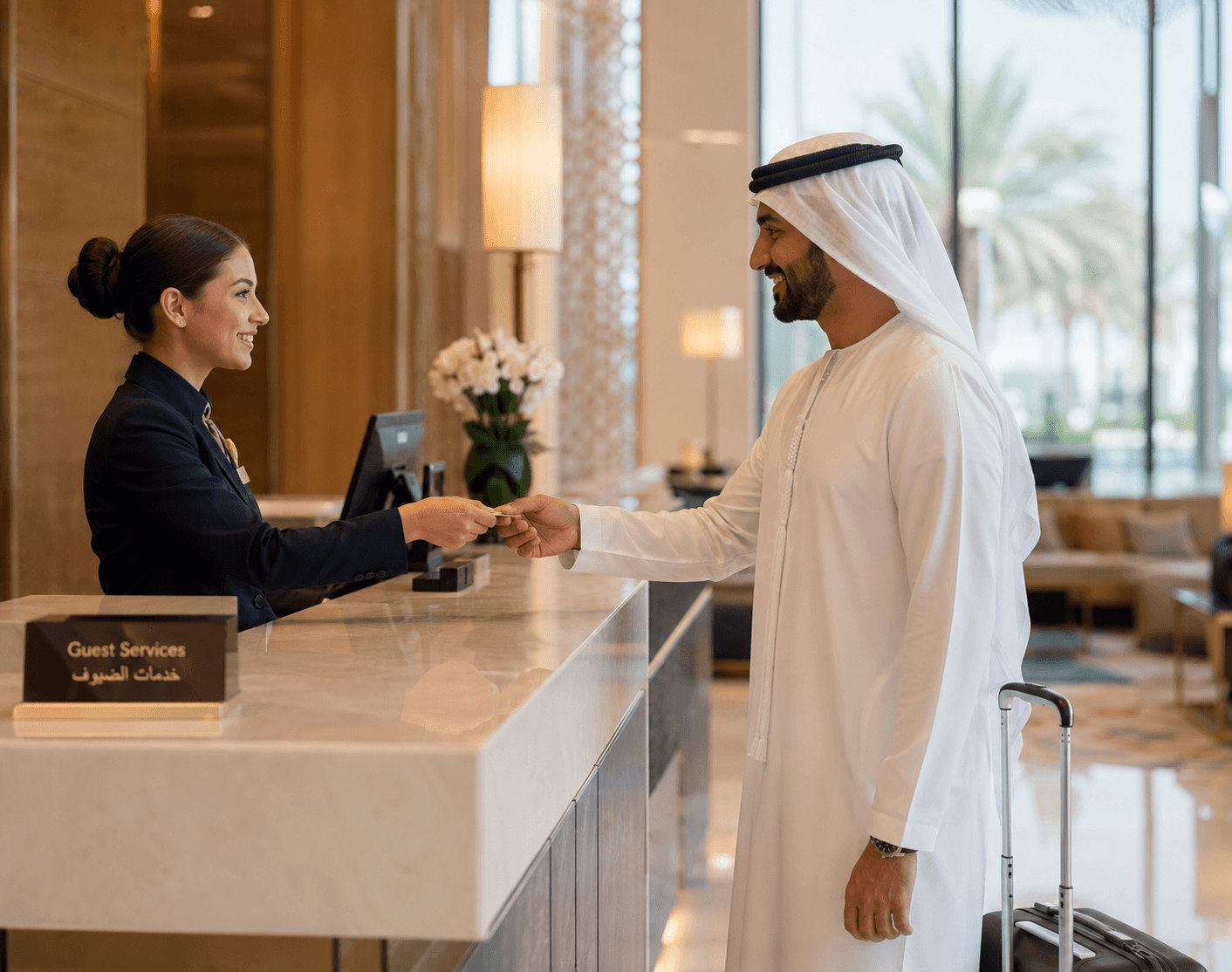 A receptionist checking in a guest at a Gulf hotel front desk