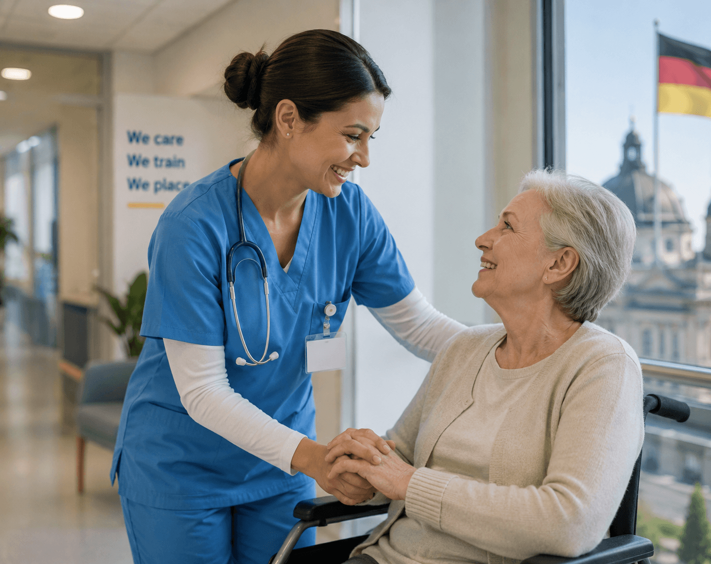 A nurse caring for an elderly patient in a German hospital